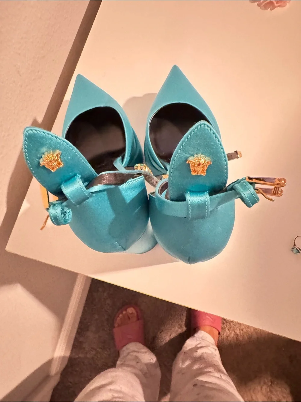 Versace Turquoise Satin Pointed Platform Ankle Strap Pumps